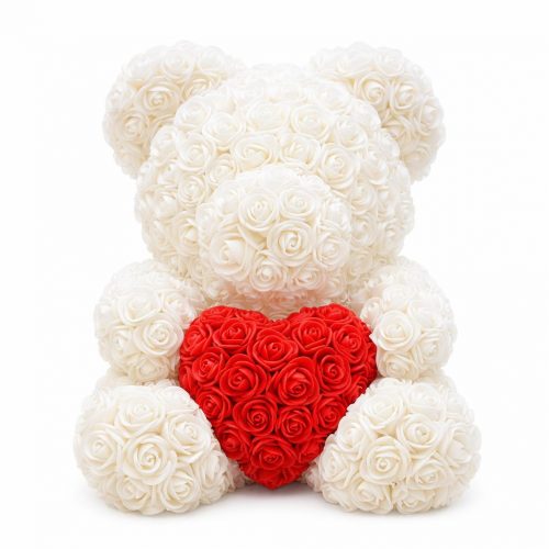 Мишка из роз бежевый с красным сердцем (40 см)