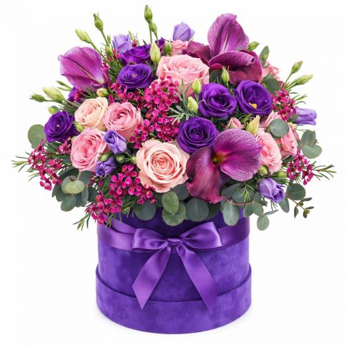 Цветы в шляпной коробке «Фиолетовый блеск»