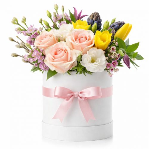 Цветы в шляпной коробке «Весенний каприз»