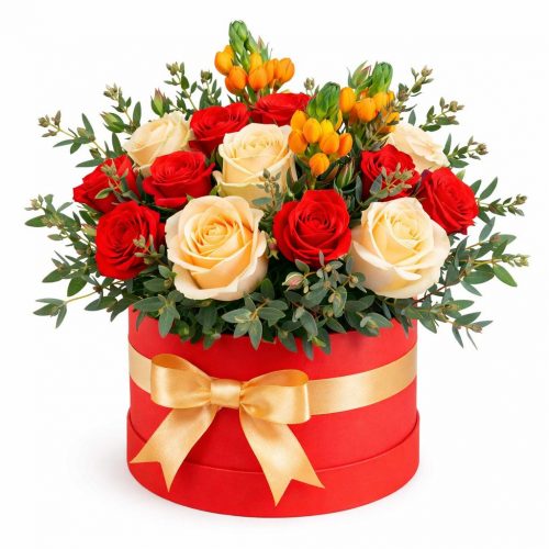 Цветы в шляпной коробке «Огненное сердце»